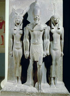 Triad of Menkaure (Mycerinus) with the goddess Hathor and the goddess of the Aphroditopolis nome, ta de 4th Dynasty Egyptian