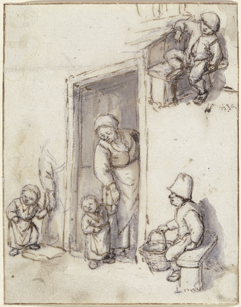 Studienblatt: Eine Mutter und ihre Tochter in der Haustür, ein Mädchen an der Hand der Mutter, und z de Adriaen van Ostade