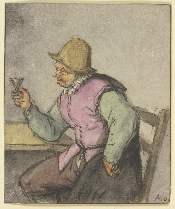 An einem Tisch sitzender Bauer mit Glas, nach links de Adriaen van Ostade