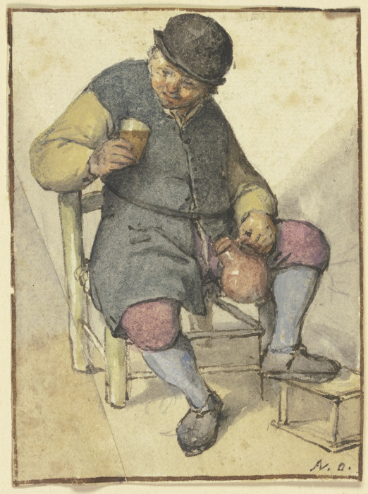 Sitzender Bauer von vorn, mit Krug und Glas de Adriaen van Ostade