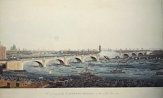 The Opening of the Waterloo Bridge on the 18th of June, 1817, etched by A. Pugin from a drawing de Augustus Charles