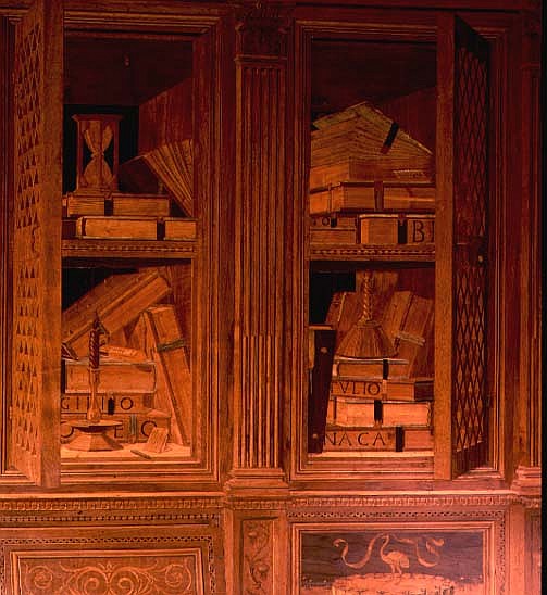 The Study of Federigo da Montefeltro, Duke of Urbino: intarsia panelling depicting a cupboard with l de Baccio Pontelli