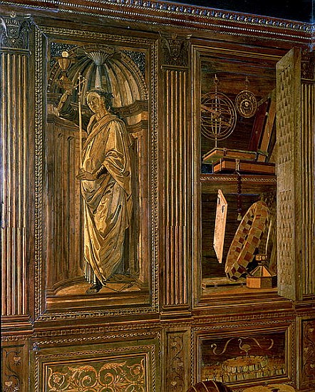 The Study of Federigo da Montefeltro, Duke of Urbino: intarsia panelling depicting (L) a cupboard co de Baccio Pontelli