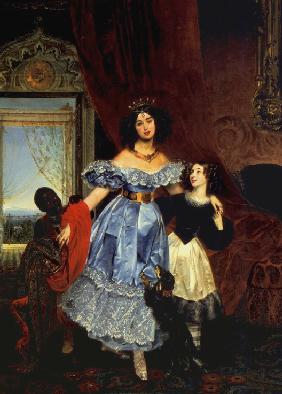 Portrait of Countess Julia Samoilova with her stepdaughter Amazillia Pacini and black boy