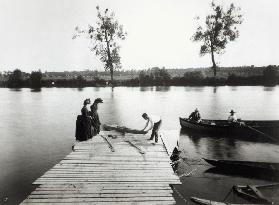 Escena de remo en Île-de-France, hacia 1880 (foto en blanco y negro) - Fotógrafo francés