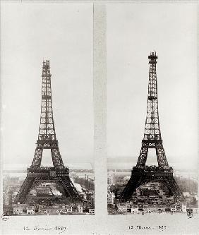 Two views of the construction of the Eiffel Tower, Paris, 12th February and 12th March 1889 (b/w pho