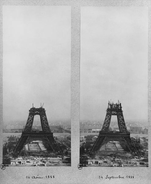 Two views of the construction of the Eiffel Tower, Paris, 14th August and 14th September 1888 (b/w p de French Photographer