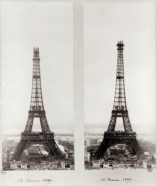 Two views of the construction of the Eiffel Tower, Paris, 12th February and 12th March 1889 (b/w pho de French Photographer
