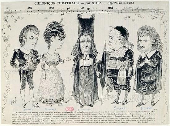 Five caricatures of the cast of a French production of ''The Barber of Seville'', de Gioachino Rossini