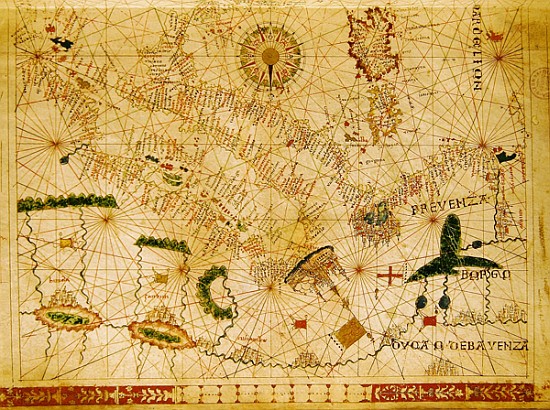 Provence and Italy, from a nautical atlas, 1520(detail from 330915) de Giovanni Xenodocus da Corfu