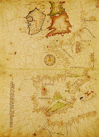 The Atlantic Coasts of Europe and Africa, from a nautical Atlas, 1520(see also 330911-330912) de Giovanni Xenodocus da Corfu