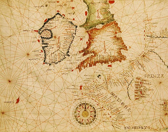 The French Coast, England, Scotland and Ireland, from a nautical atlas, 1520(detail from 330910) de Giovanni Xenodocus da Corfu