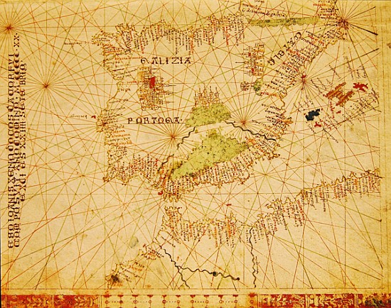 The Iberian Peninsula and the north coast of Africa, from a nautical atlas, 1520(detail from 330910) de Giovanni Xenodocus da Corfu
