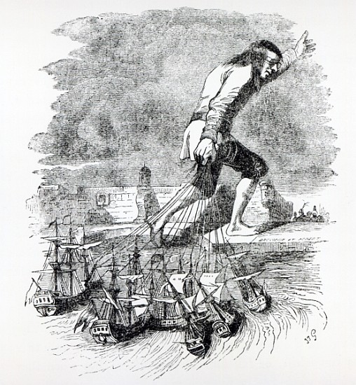 Gulliver stealing the Blefuscudian fleet, illustration from ''Gullivers Travels'' Jonathan Swift de Grandville (Jean Ignace Isidore Gerard)