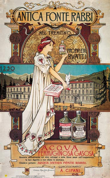 Poster advertising medicinal water from the 'Antica Fonte di Rabbi nel Trentino' de Italian School