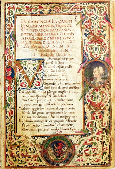 Ms.392 fol.1 Song in praise of Laure, from ''Sonetti, Canzoni e Triomphi'' Petrarch (1304-74) 1470 de Italian School