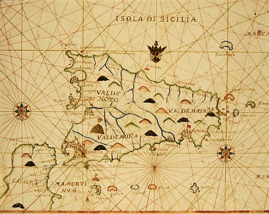Sicily and the Straits of Messina, from a nautical atlas, 1646 (ink on vellum) de Italian School