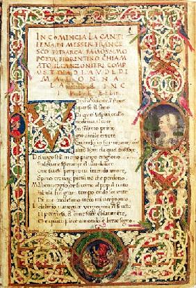 Ms.392 fol.1 Song in praise of Laure, from ''Sonetti, Canzoni e Triomphi'' Petrarch (1304-74) 1470