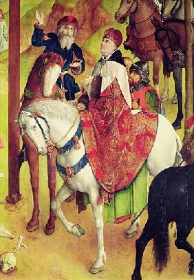 Triptych of the Crucifixion, detail of an equestrian group with Longinus, c.1465-68