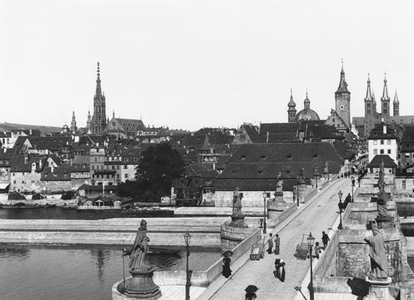 The old bridge over the River Main at Wurzburg, c.1910 (b/w photo)  de Jousset