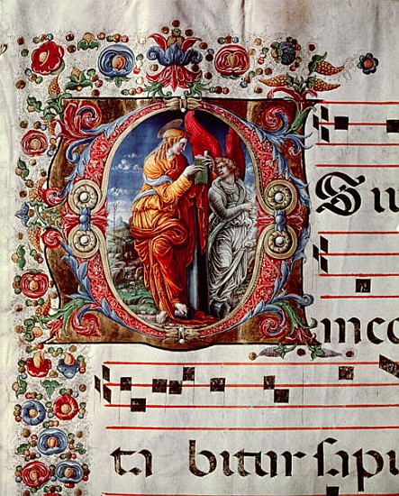 The Annunciation, historiated initial ''O'', detail of a page from an antiphonal, c.1473-79 de Liberale (Bonfanti) da Verona