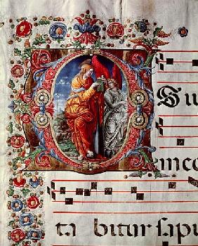 The Annunciation, historiated initial ''O'', detail of a page from an antiphonal, c.1473-79