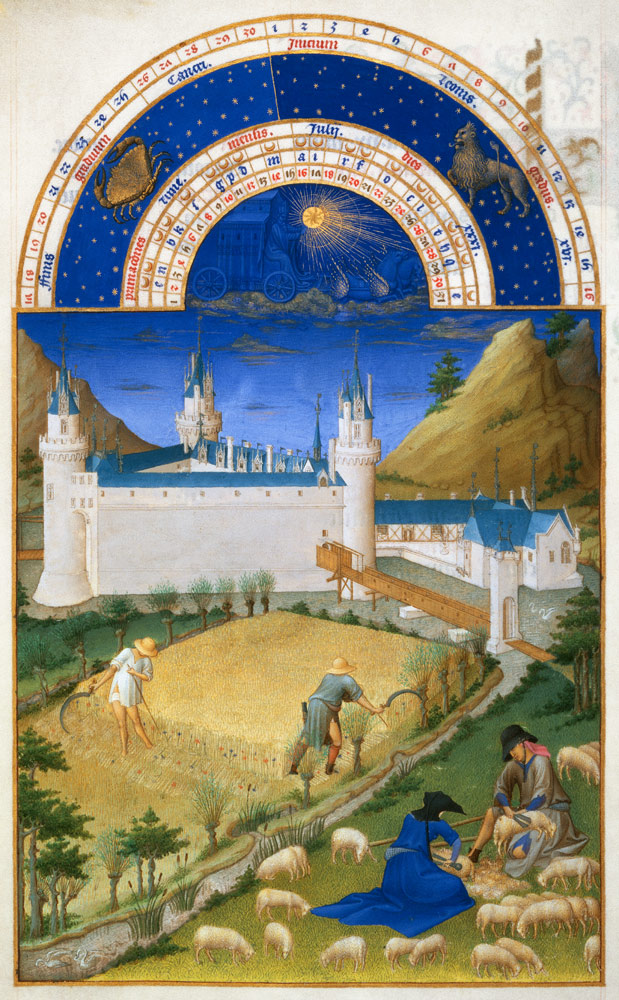 Fascimile of July: Harvesting and Sheep Shearing, from the ''Tres Riches Heures du Duc de Berry'' (f de Limbourg Brothers