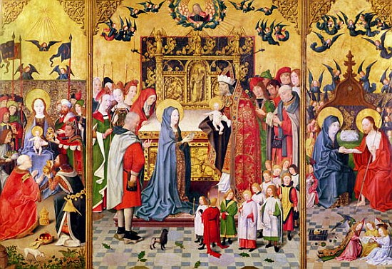 Altarpiece of the Seven Joys of the Virgin, depicting the Adoration of the Magi, The Presentation in de Master of the Holy Family