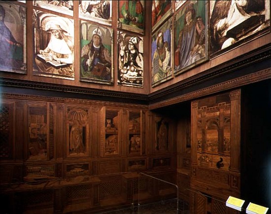The Study of Federigo da Montefeltro, Duke of Urbino: intarsia panelling depicting open cupboards an de Pedro Berruguete