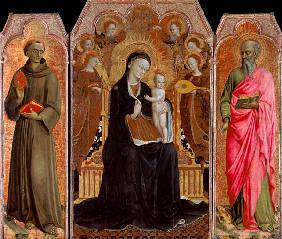 María y el niño Jesús rodeado por seis ángeles