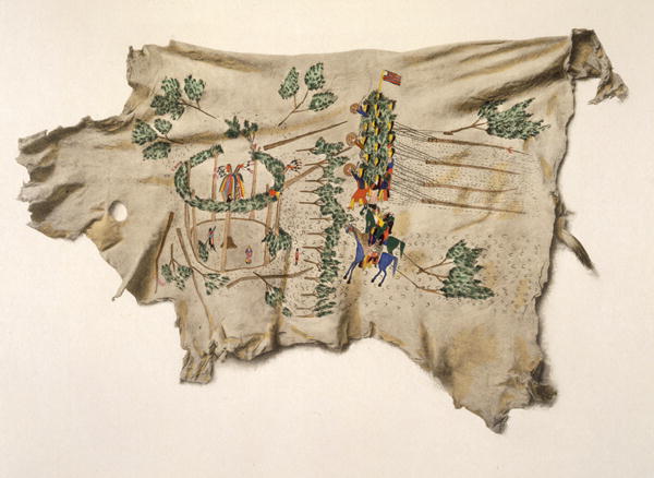 Erection of the Sun Dance lodge of the Kiowa (pigment on deerskin)  de Silver Horn (Haun-goo-ah)