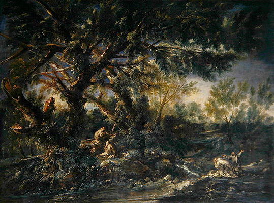 Landscape with Monks praying, or The Great Wood (oil on canvas) de A. Magnasco
