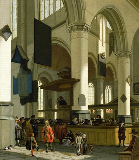 Interior of the Oude Kerk, Delft, with a preacher de A. Storck