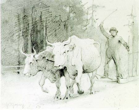 A French Peasant Driving Oxen (charcoal) de Abbott Handerson Thayer