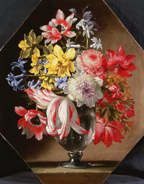 A Glass Vase of Flowers on a Stone Ledge Containing Tulips, Chrysanthemums, Roses and Bluebells de Abraham Brueghel