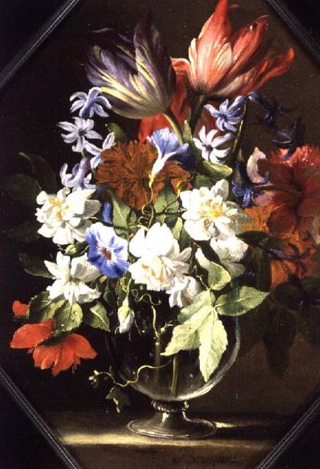 A Vase of Flowers on a Stone Ledge Containing Tulips, Chrysanthemums, Dahlias and Narcissi de Abraham Brueghel