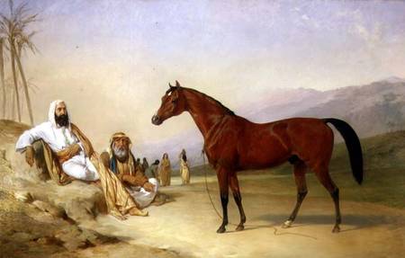 Two Bedouin with a Bay Arab Stallion in the Desert de Abraham Cooper