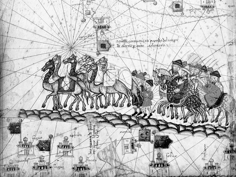 Ms Esp 20 panel 4 Caravans Crossing The Urals on the way to Cathay, from the Catalan Atlas of Charle de Abraham Cresques
