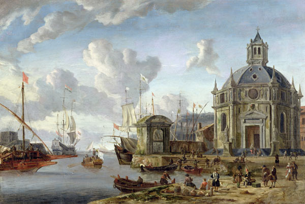 A capriccio of a Mediterranean Harbour with merchants and shipping at anchor de Abraham J. Storck