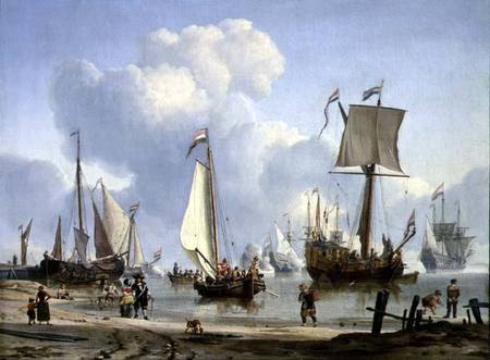 Ships in Calm Water with Figures by the Shore de Abraham J. Storck