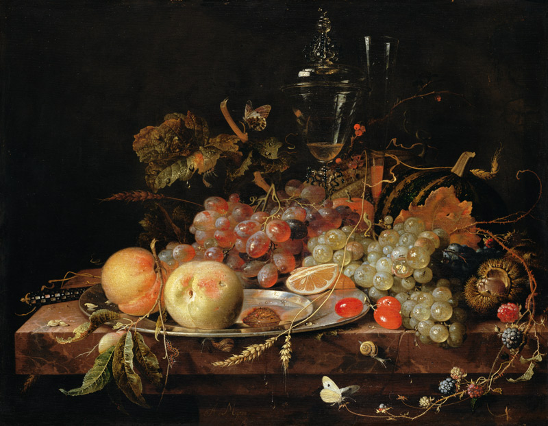 Still Life with Fruit, Tin Plate and Wine Glasses de Abraham Mignon