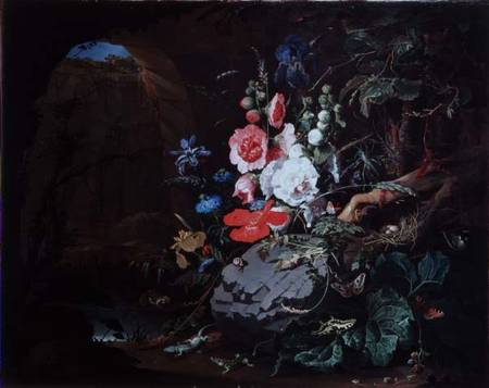 Flowers and birds in a cave de Abraham Mignon