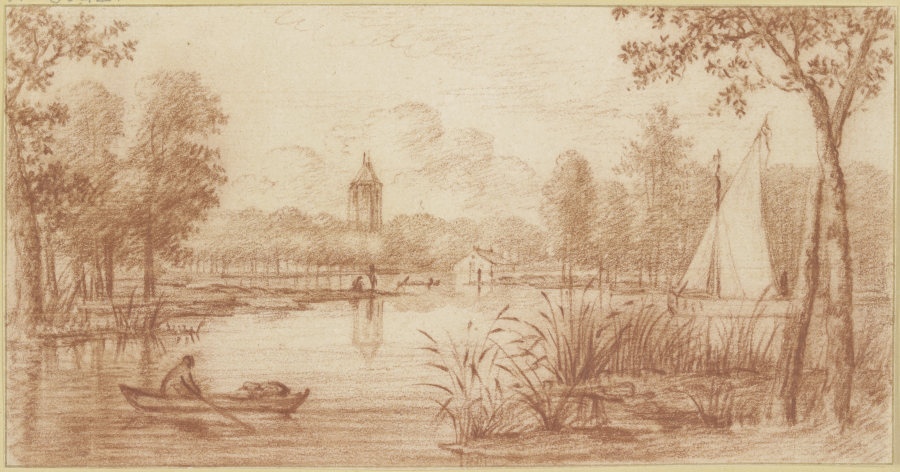 Flussgegend zwischen Bäumen, rechts ein Segelschiff, links ein Boot, im Hintergrund ein Turm de Abraham Rutgers