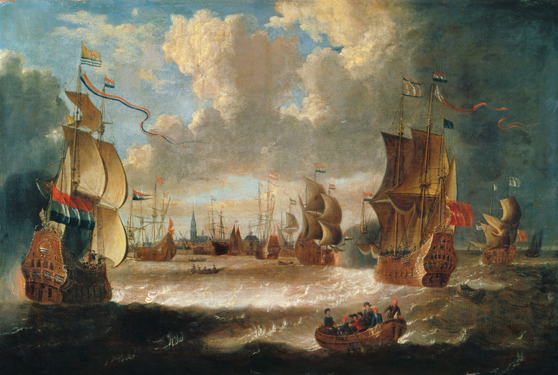 Ships in a lagoon de Abraham Storck