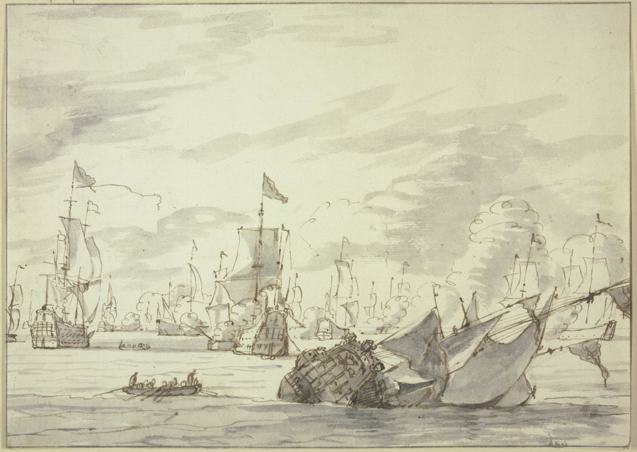 Seegefecht, vorne rechts ein sinkendes Schiff de Abraham Storck d. Ä.