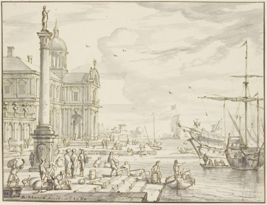 Seehafen, links eine Säule de Abraham Storck d. Ä.