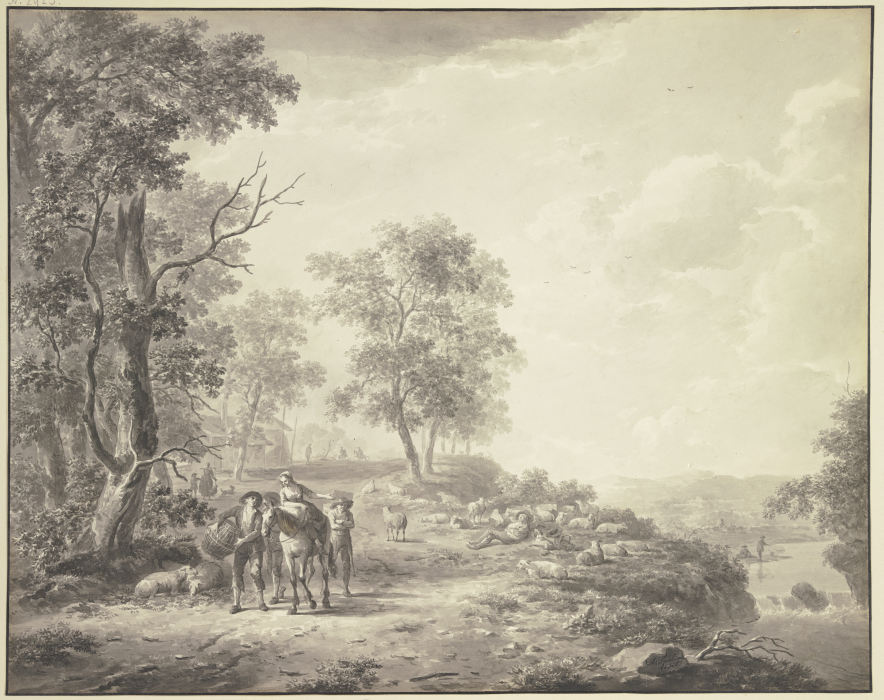 An einem Abhang ein schlafender Schäfer mit seiner Herde, weiter links eine Bäuerin zu Pferde umgebe de Abraham Teerlink