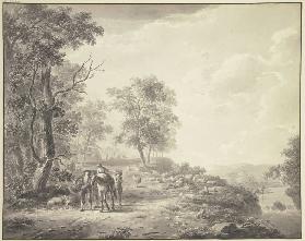 An einem Abhang ein schlafender Schäfer mit seiner Herde, weiter links eine Bäuerin zu Pferde umgebe