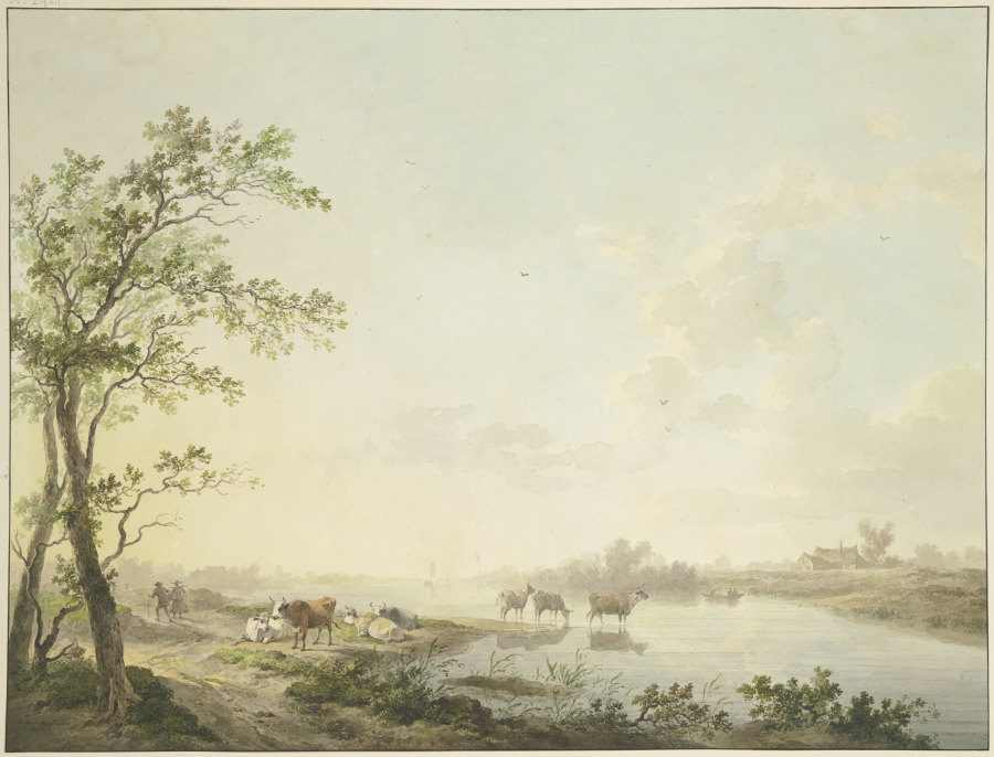 Nebliger Morgen an einem Flusse, am Ufer sieben Kühe, zum Teil im Wasser stehend de Abraham Teerlink