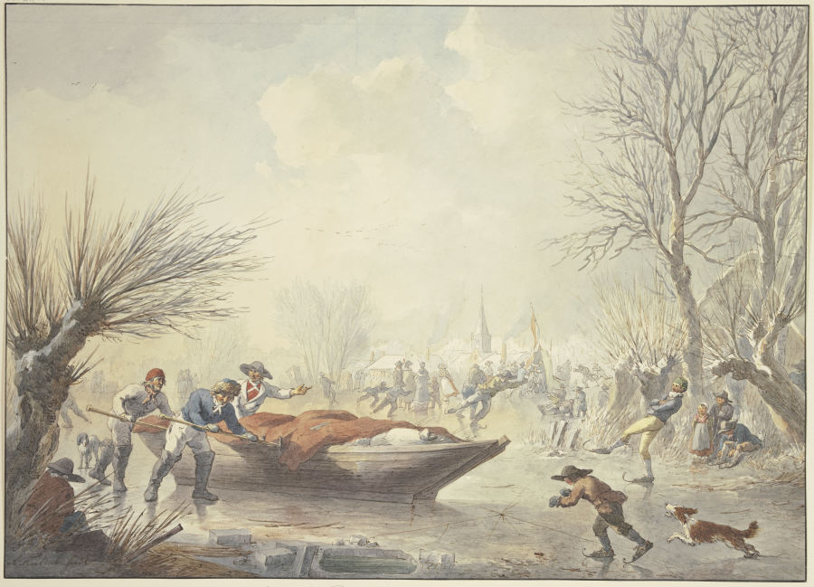 Winterlandschaft, auf dem Eis schieben drei Männer ein Boot dem Land zu, rechts ein Schlittschuhläuf de Abraham Teerlink